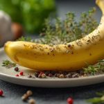 Vue rapprochée d'une banane jaune sur une assiette blanche avec des herbes et épices