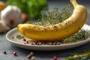 Vue rapprochée d'une banane jaune sur une assiette blanche avec des herbes et épices