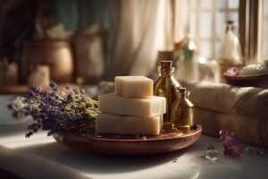 Image de savons doux et huiles essentielles dans un cadre spa apaisant